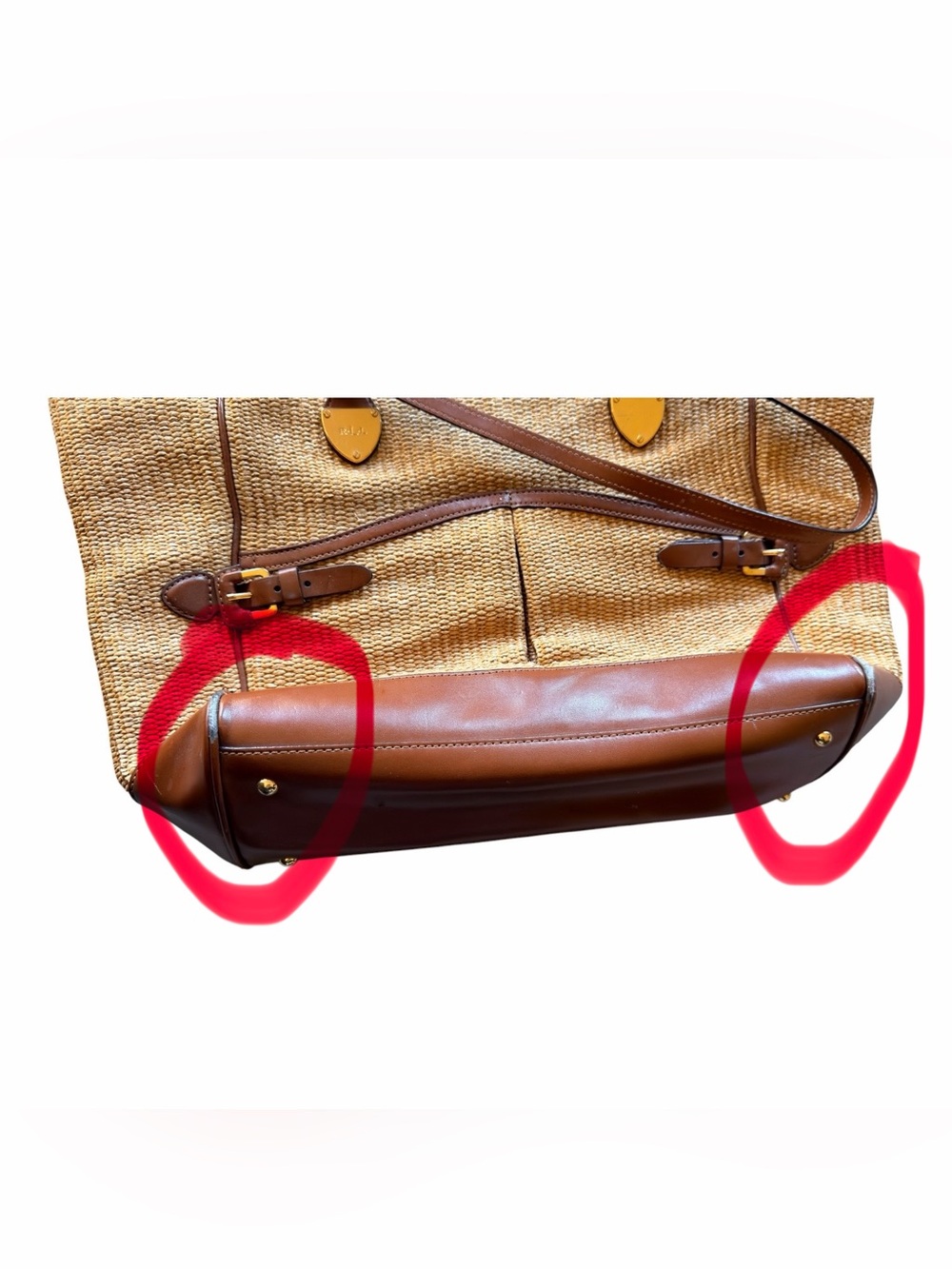 Lauren Ralph Lauren Straw Woven Tote Bag Brown Leather Trim Gold RL Logo Preowne - Picture 11 of 11